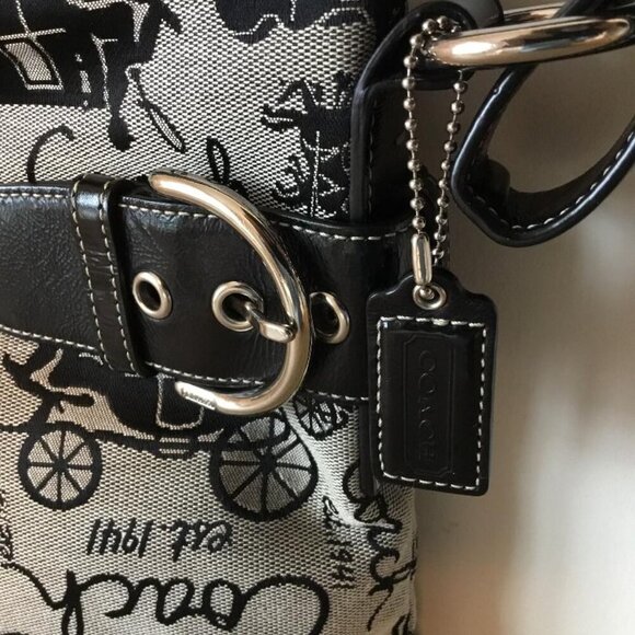 Coach Signature Horse & Carriage Jacquard & Black Leather Shoulder Bag No. 14441 - Picture 4 of 11